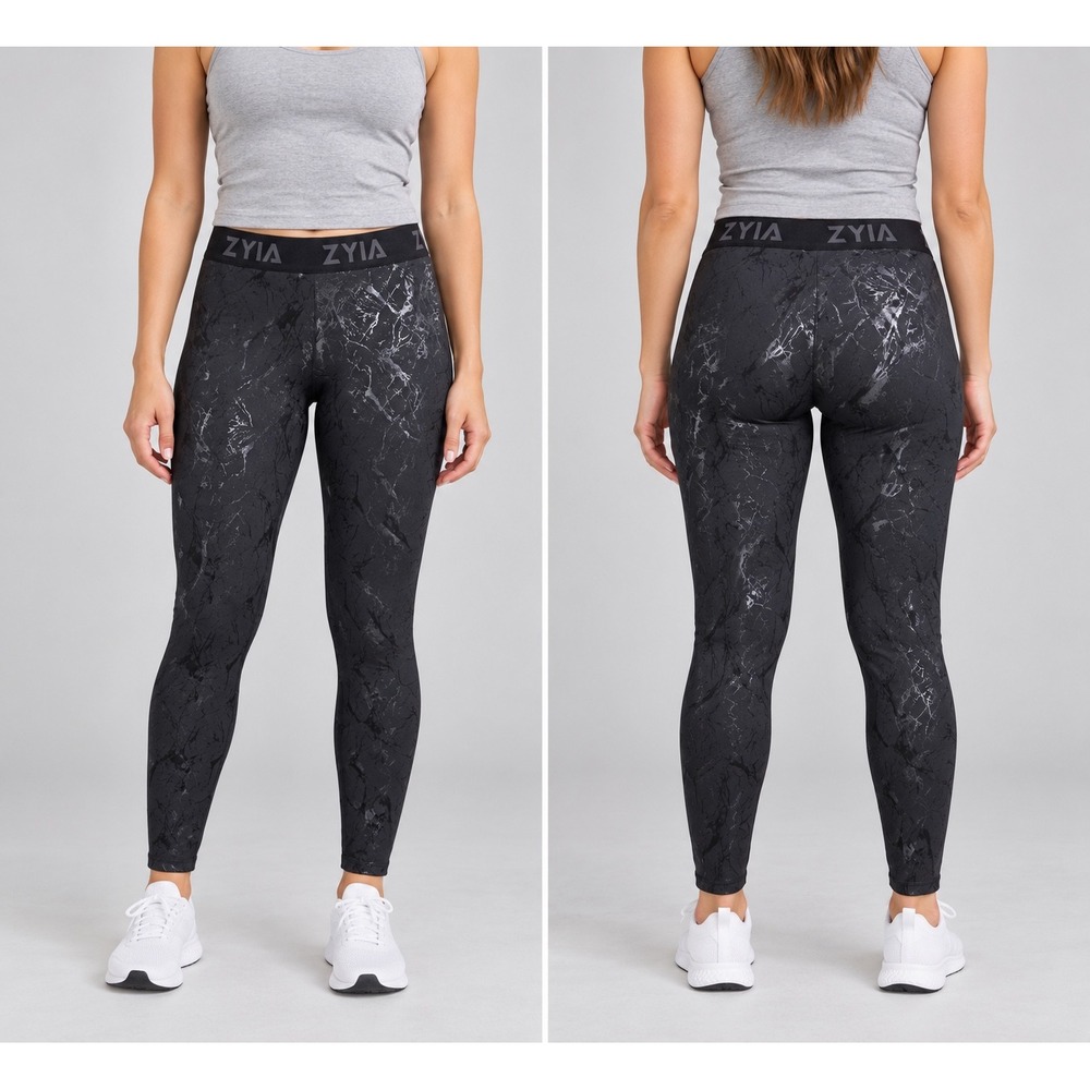 Zyia Active Black Silver Metallic Marble Print Leggings Womens Size 8-10 Yoga